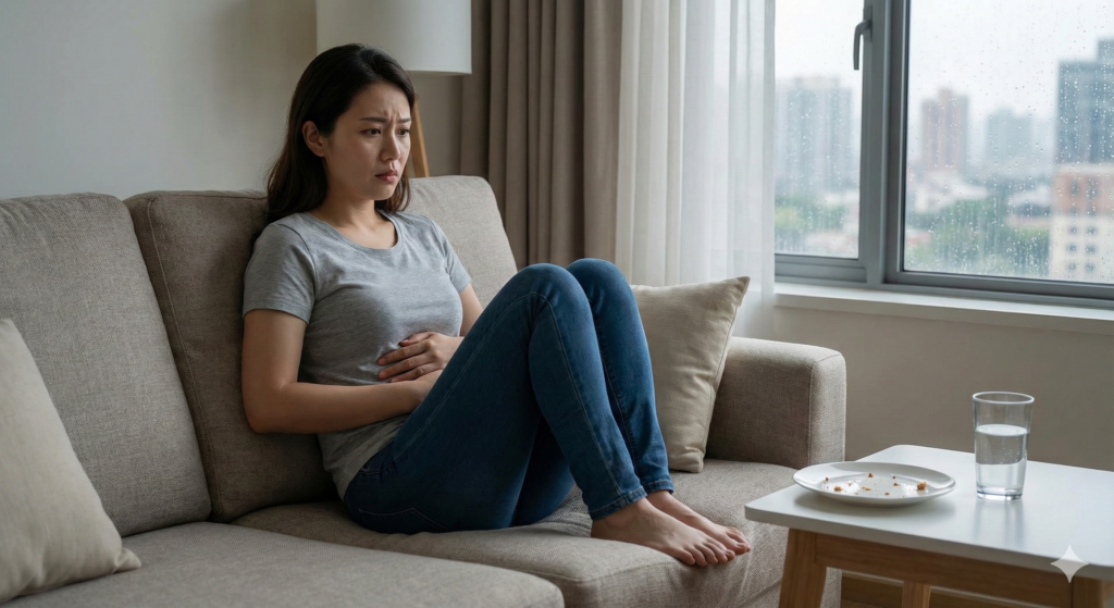 Mulher com expressão de ansiedade e estresse sentada em um sofá, segurando a barriga com desconforto, ilustrando os sintomas físicos da disbiose ligados à saúde mental.