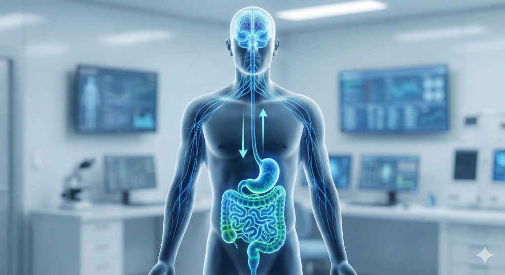 Ilustração médica em tons de azul mostrando a conexão nervosa bidirecional entre o cérebro humano e o trato digestivo (estômago e intestinos), representando o eixo intestino-cérebro.