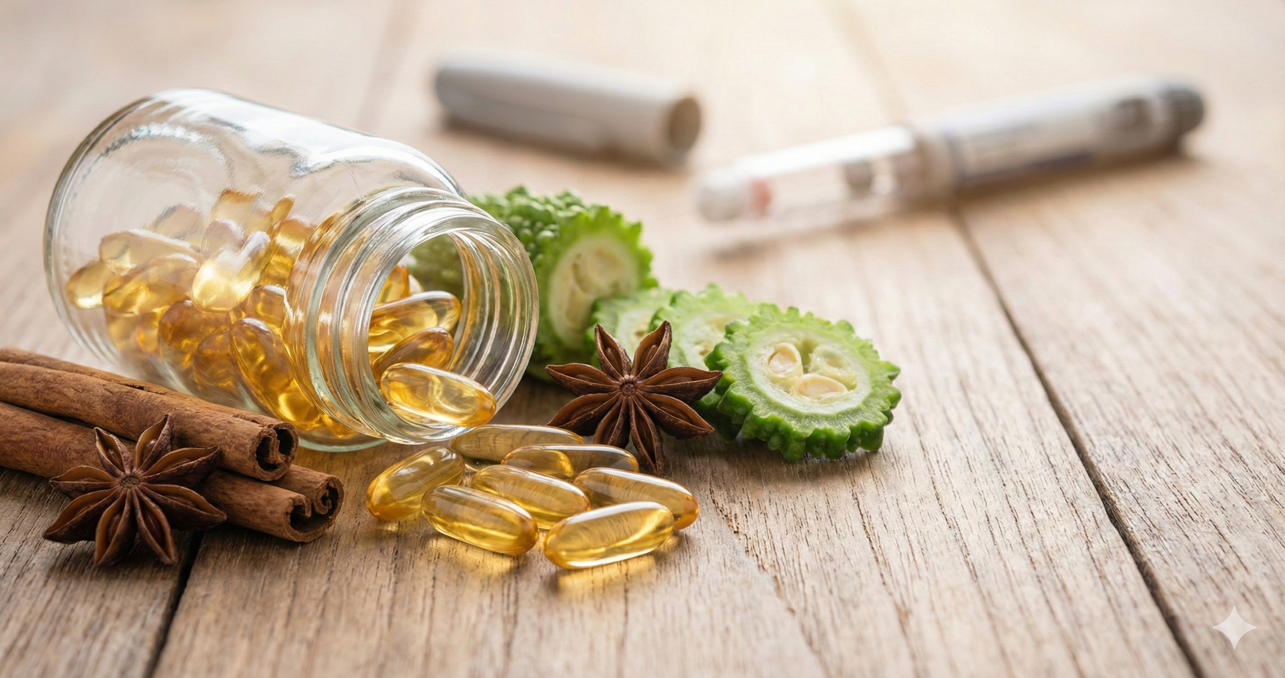 Ozempic natural Frasco de suplementos naturais ao lado de ingredientes frescos, representando o conceito de Ozempic natural