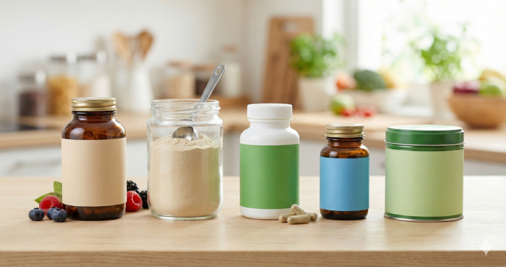 Foto de cinco frascos de suplementos com rótulos em branco sobre uma mesa de madeira em uma cozinha.