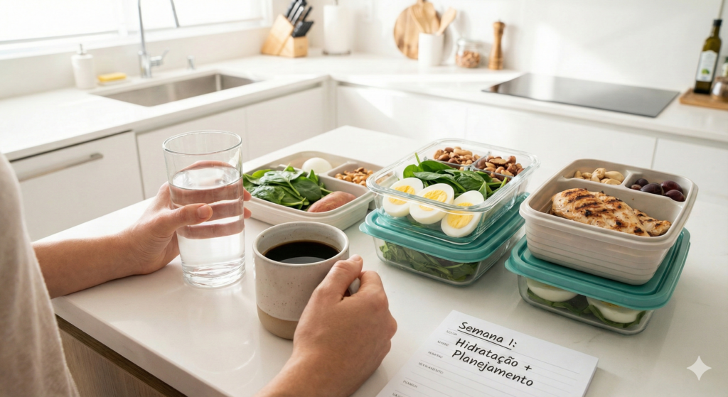 Pessoa na cozinha segurando copo de água e caneca de café, ao lado de marmitas saudáveis e um bloco de notas escrito "Semana 1: Hidratação + Planejamento" para iniciar o jejum.