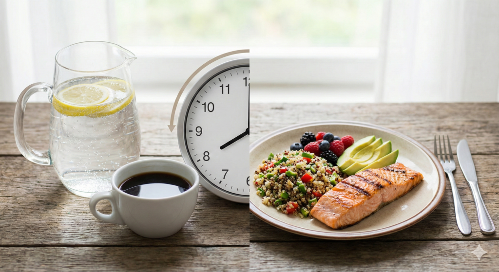 Conceito de Jejum Intermitente 16/8 mostrando 16 horas de jejum com água e café, e 8 horas de janela de alimentação com prato saudável de salmão e salada.