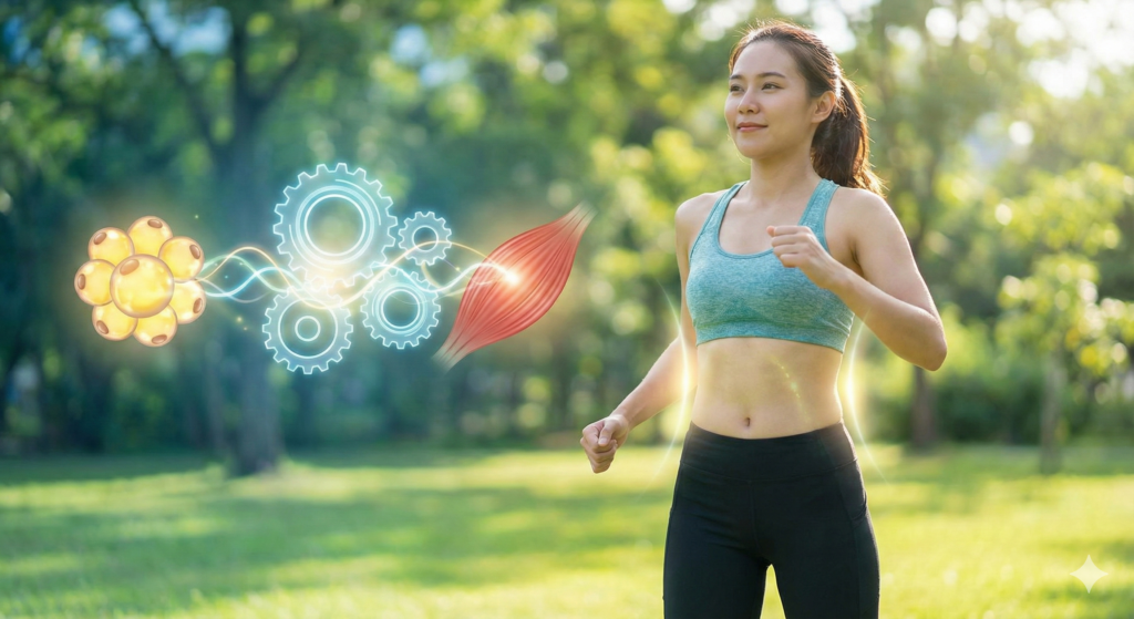 Mulher saudável correndo no parque com gráfico ilustrativo sobreposto mostrando células de gordura sendo convertidas em energia metabólica e massa muscular através do jejum.