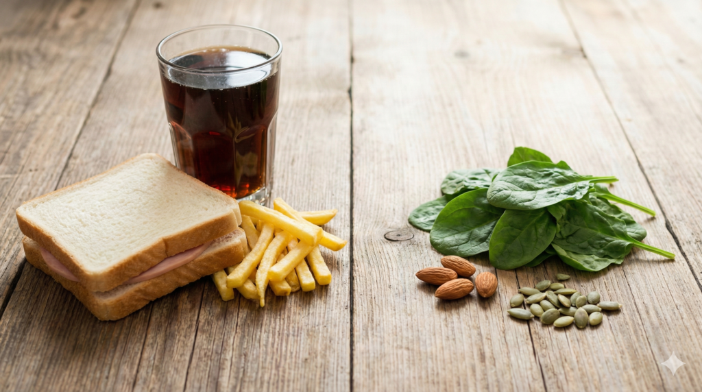 Comparativo visual sobre uma mesa de madeira entre refeição fast food pobre em nutrientes e pequena porção de vegetais ricos em magnésio.