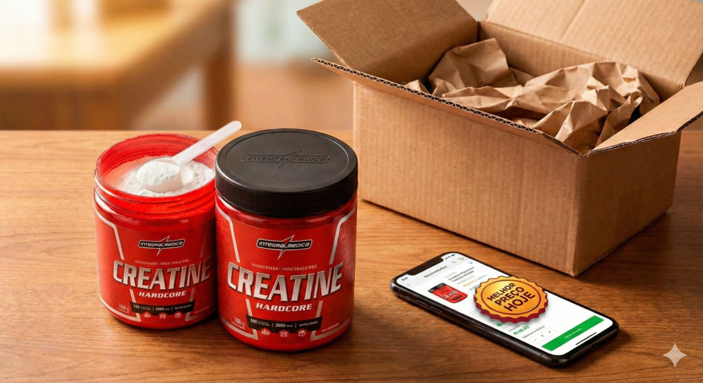 Dois potes de Creatina Hardcore Integralmédica ao lado de uma caixa de entrega aberta e um celular mostrando uma oferta com selo "Melhor Preço Hoje".