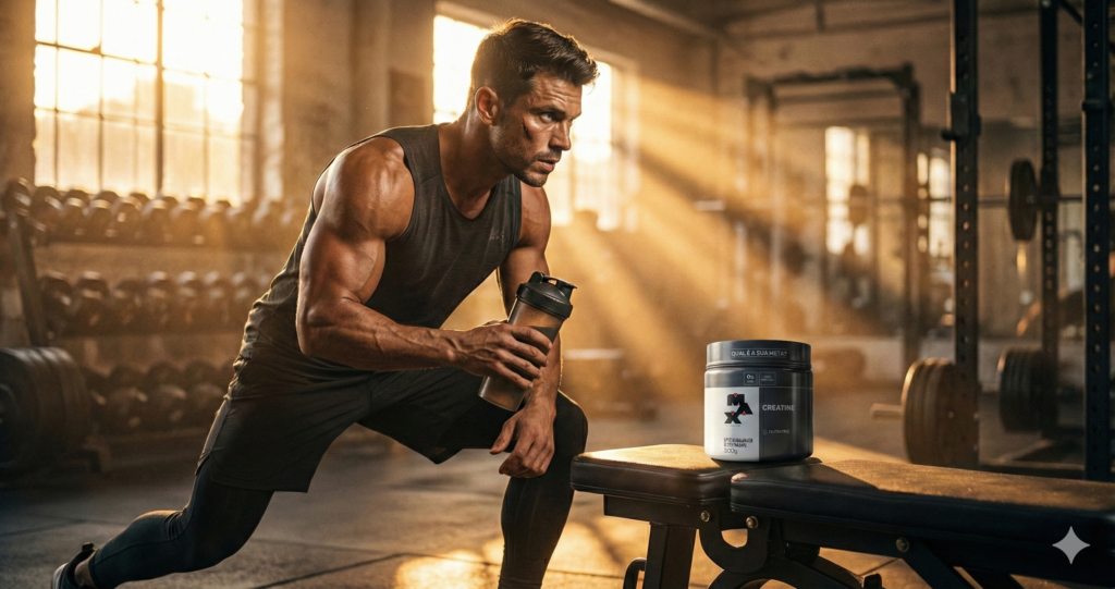 Foto horizontal de atleta na academia durante o pôr do sol após treino intenso, com pote de creatina Max Titanium ao lado.