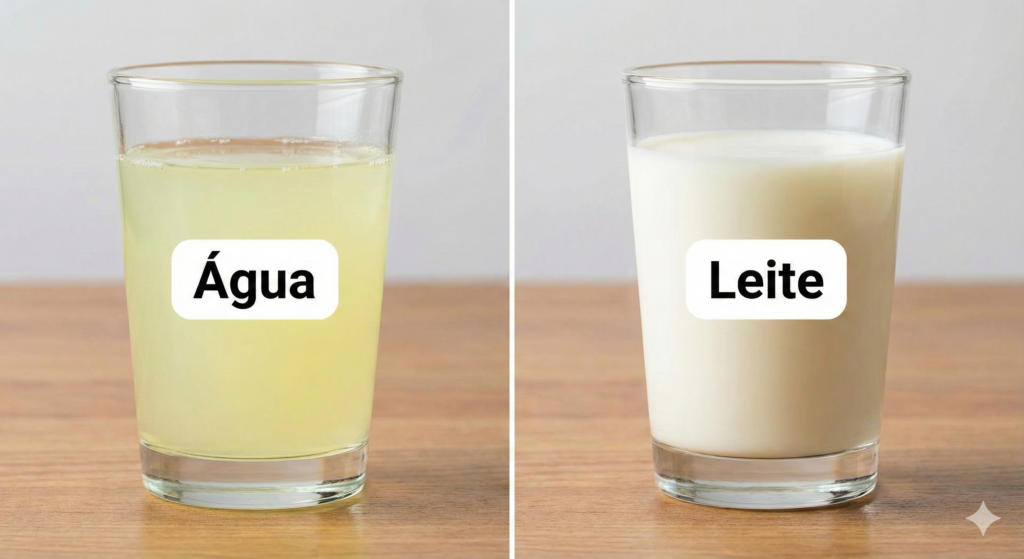 Comparação visual entre whey protein misturado com água e com leite.