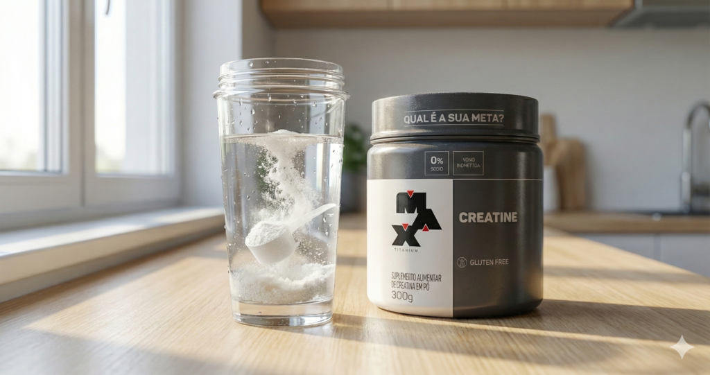 Visão ampla do teste de solubilidade da Creatina Max Titanium monohidratada sendo misturada em água num copo sobre uma bancada de madeira.