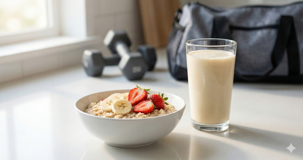 Refeição pós-treino ideal com shake de proteína e frutas para aproveitar a janela anabólica.