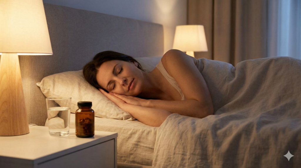 Mulher dormindo serenamente em um quarto aconchegante com luz suave, com frasco de suplemento no criado-mudo.