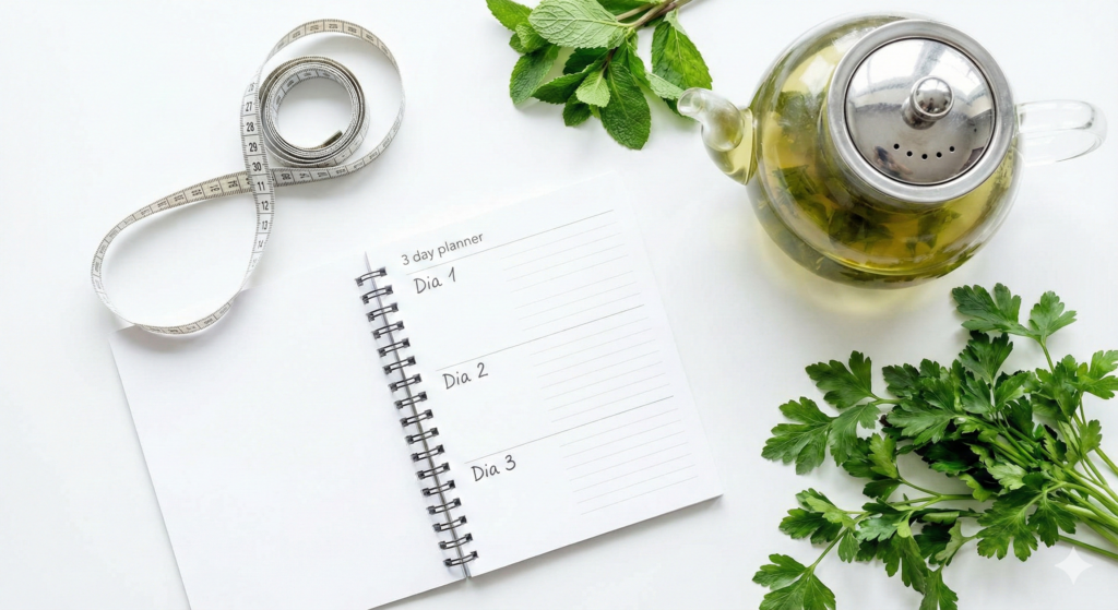 Planner de 3 dias aberto com bule de chá verde, fita métrica, hortelã e salsinha em fundo branco.