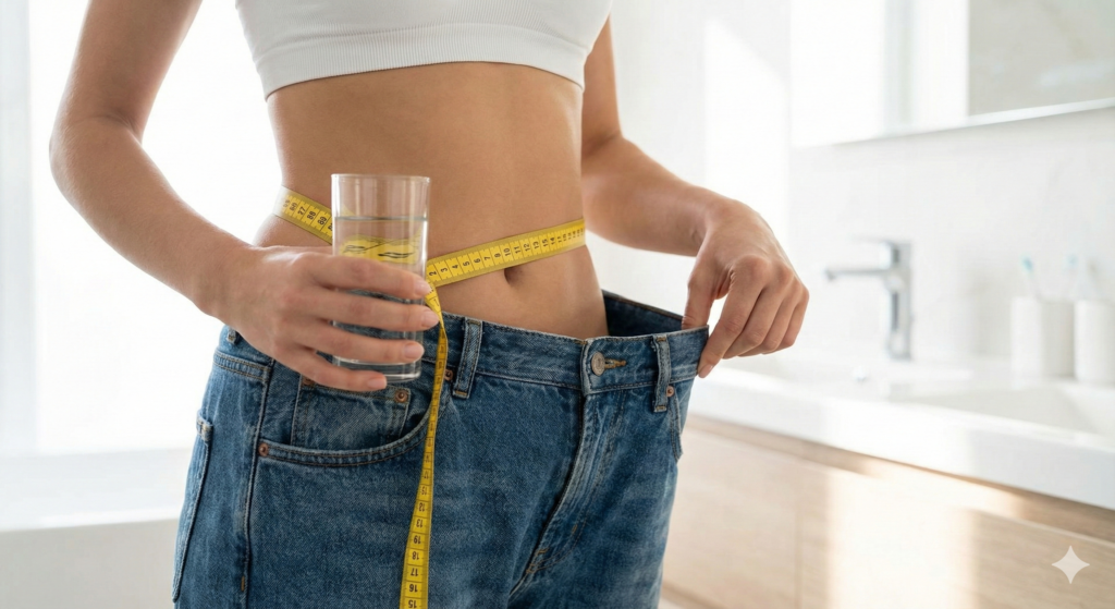 Pessoa medindo a cintura com fita métrica e segurando calças jeans largas, demonstrando emagrecimento rápido e perda de medidas.