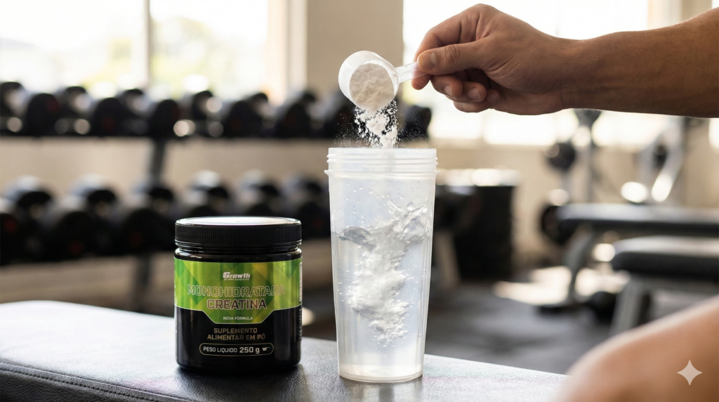 Preparando creatina com água em coqueteleira na academia.