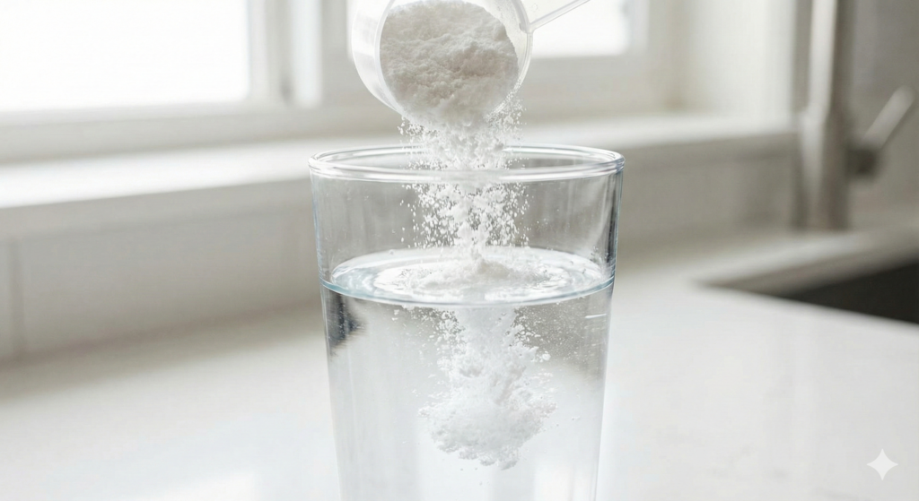 Scoop de creatina em pó sendo despejado em um copo com água em uma cozinha iluminada.