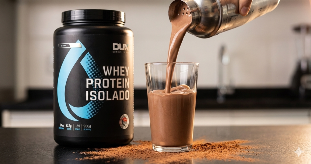 Shake de proteína sabor chocolate cremoso sendo servido no copo.