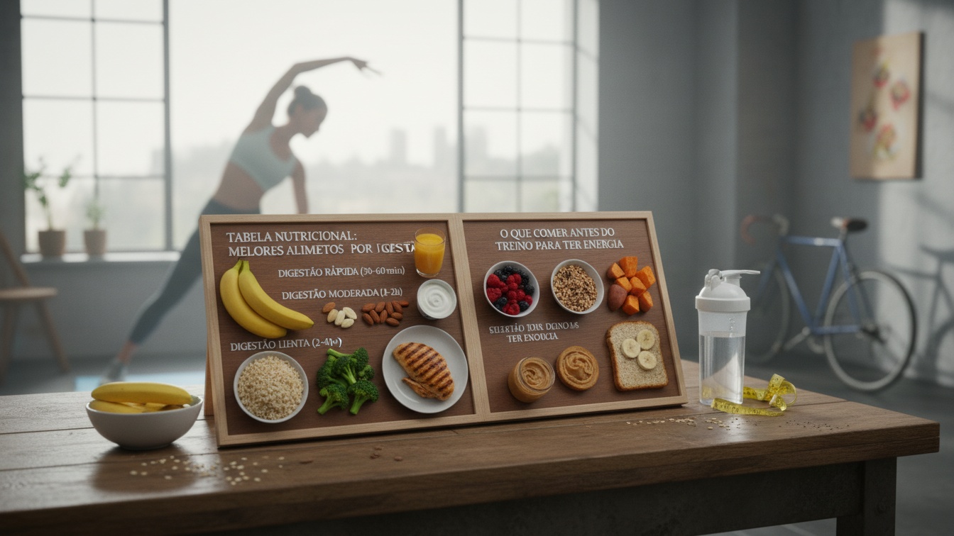 Imagem explicativa sobre Tabela Nutricional: Melhores Alimentos por Tempo de Digestão focada em O que comer antes do treino para ter energia