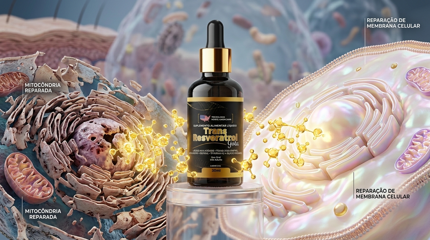 Ação em nível celular: O Trans Resveratrol ativa sirtuínas e neutraliza radicais livres de forma potente.