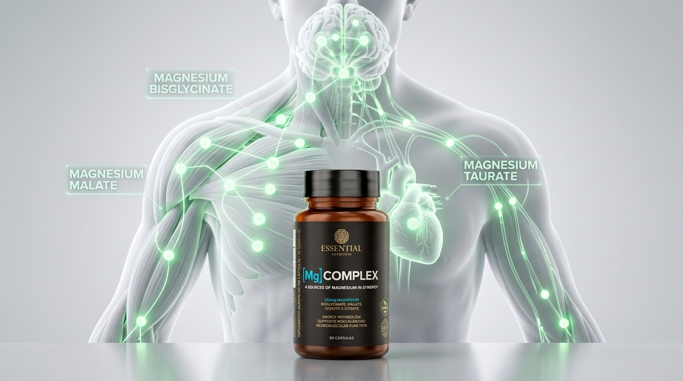 Ilustração demonstrativa da ação quádrupla: cérebro (Bisglicinato), músculos (Malato) e coração (Taurato).