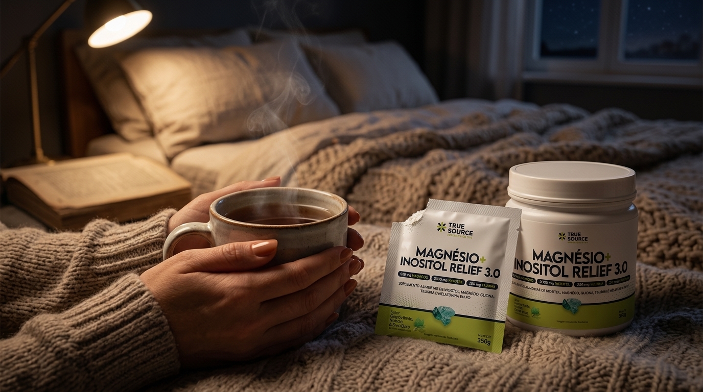 Bebida noturna relaxante com ativos botânicos: a estratégia sensorial da True Source.