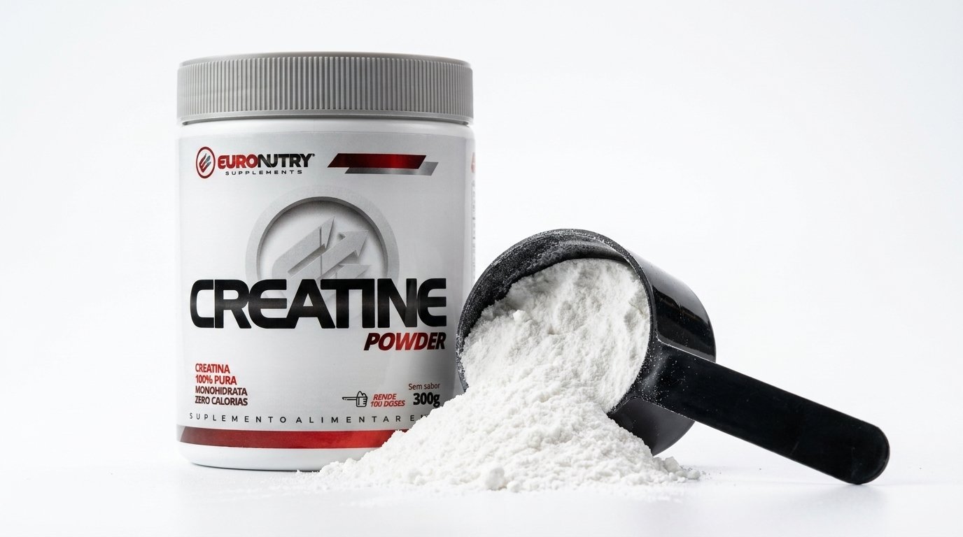 Detalhe da textura ultrafina da Creatina Euro Nutry Powder 100%, garantindo dissolução perfeita e absorção máxima pelo organismo.