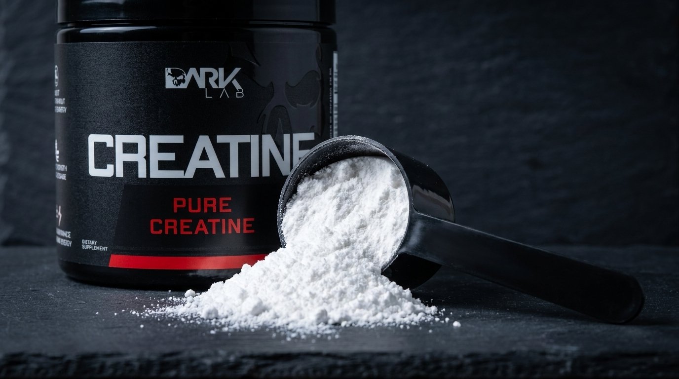 Pó de creatina ultra-fina da Dark Lab evidenciando sua alta pureza sem misturas artificiais.