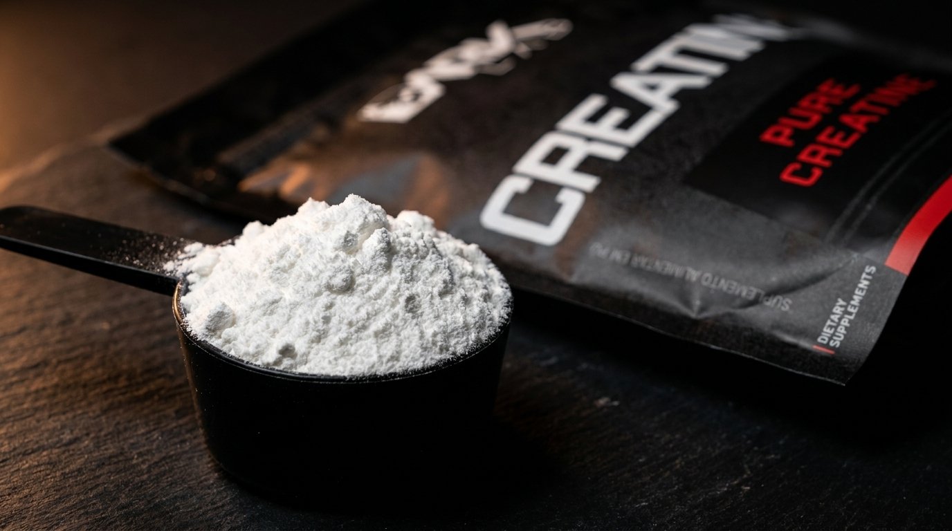 Apresentação da Creatina Dark Lab e seu interior: pó fino monohidratado que garante alta solubilidade.