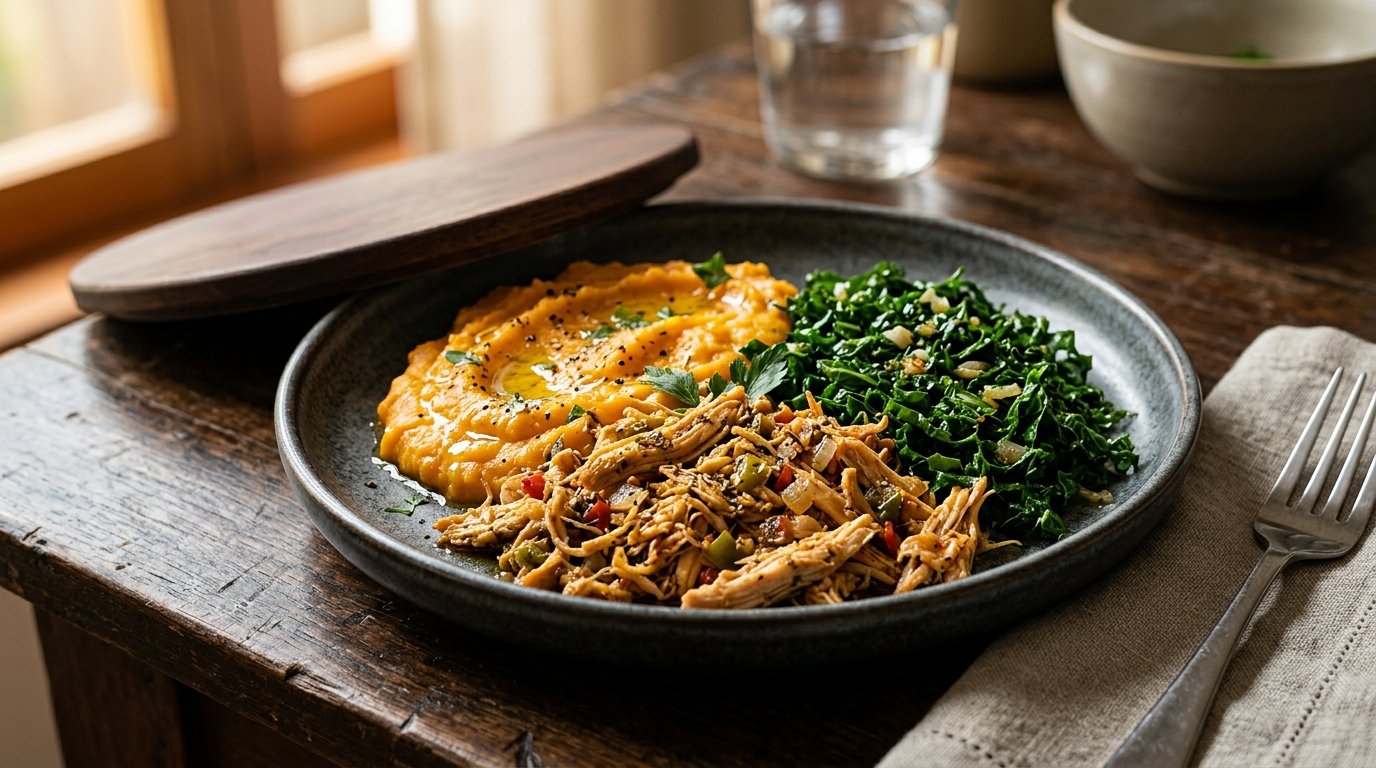 1. Marmita Fit de Frango Desfiado com Purê de Batata-Doce e Couve Refogada