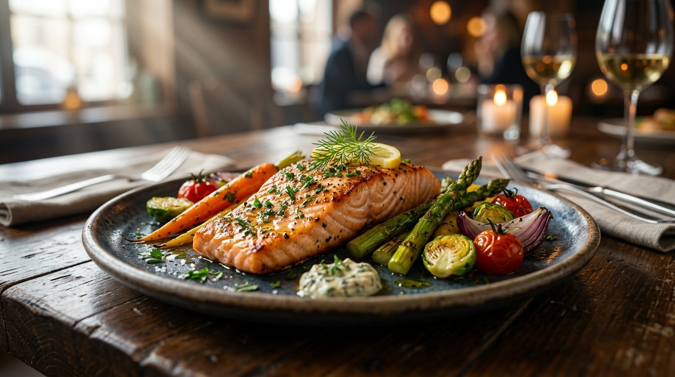 2. Salmão Grelhado com Ervas Finas e Vegetais Assados