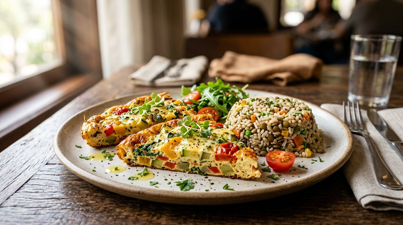 3. Omelete Assado de Forno com Legumes e Arroz Integral com Lentilha