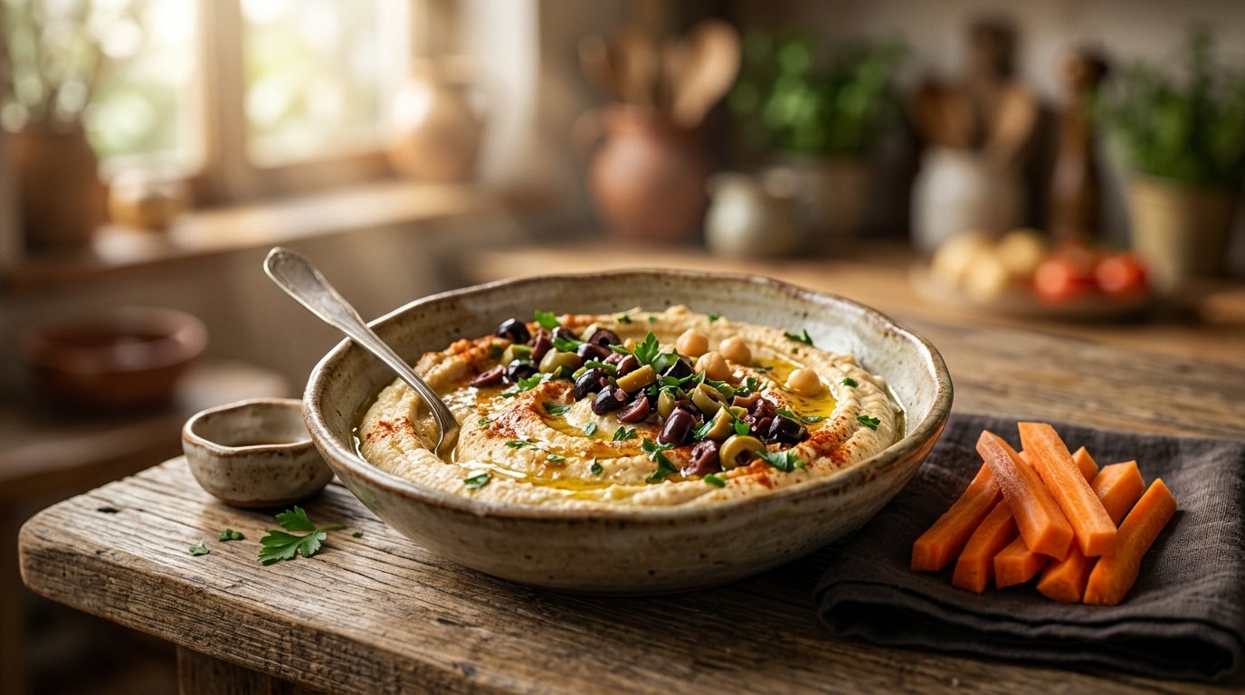 4. Húmus Cremoso de Grão-de-Bico com Azeitonas e Palitos de Cenoura