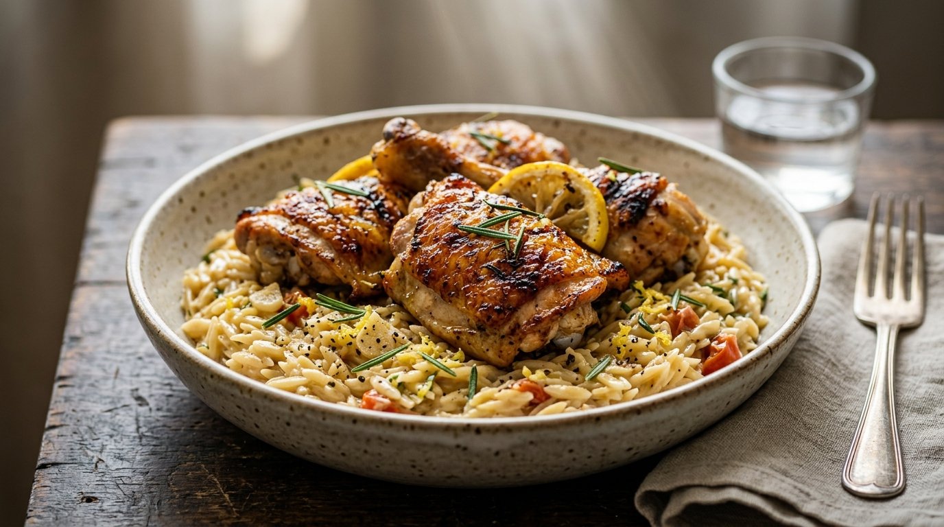 6. Frango Marinado no Limão, Alho e Alecrim com Macarrão Orzo