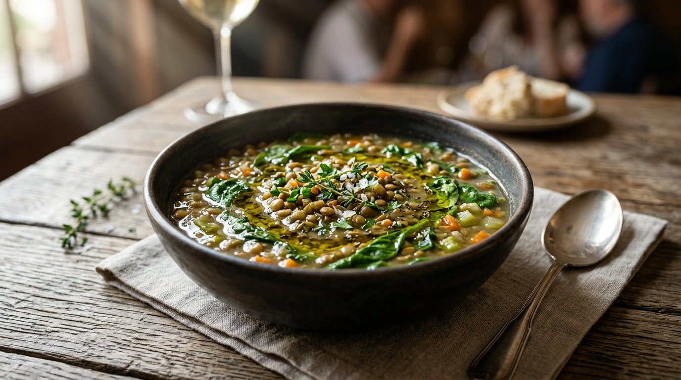 7. Sopa de Lentilha Verde com Espinafre e Azeite Aromatizado